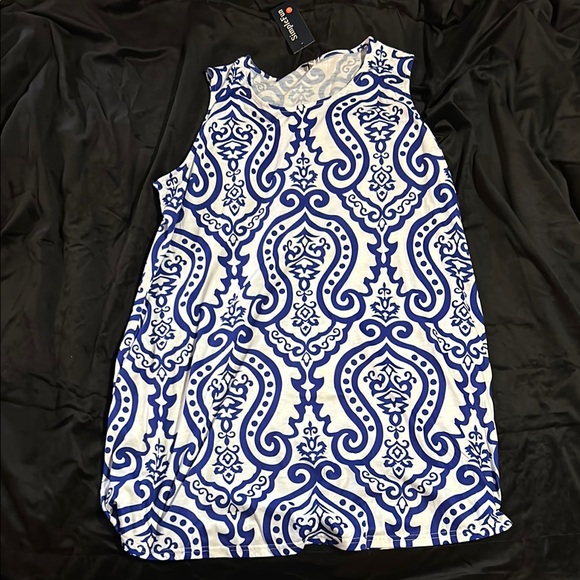 Blue and White Patterned Sleeveless Dress - Picture 1 of 2